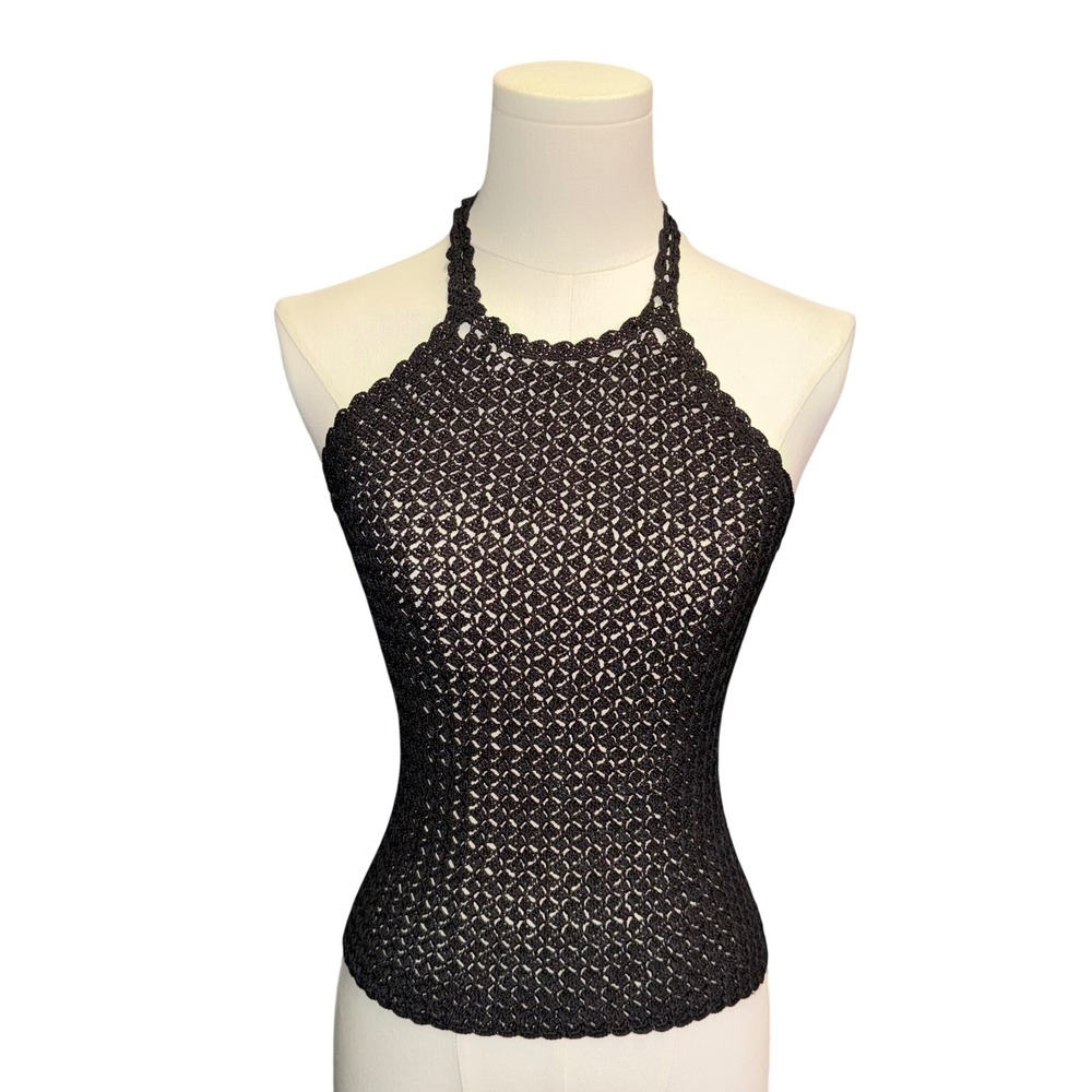 Studio VTG 90s Open Knit Crochet Halter Top Medium Black Whimsigoth Y2K Boho